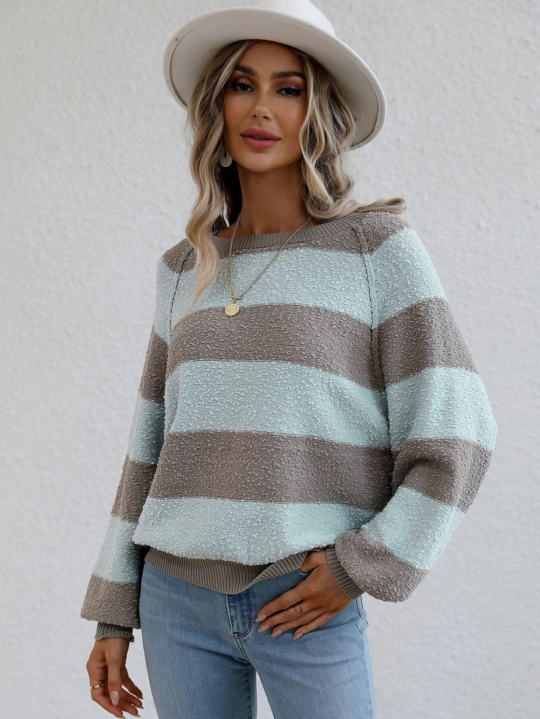 Striped Raglan Sleeve Ribbed Trim Knit Top - BELLATRENDZ