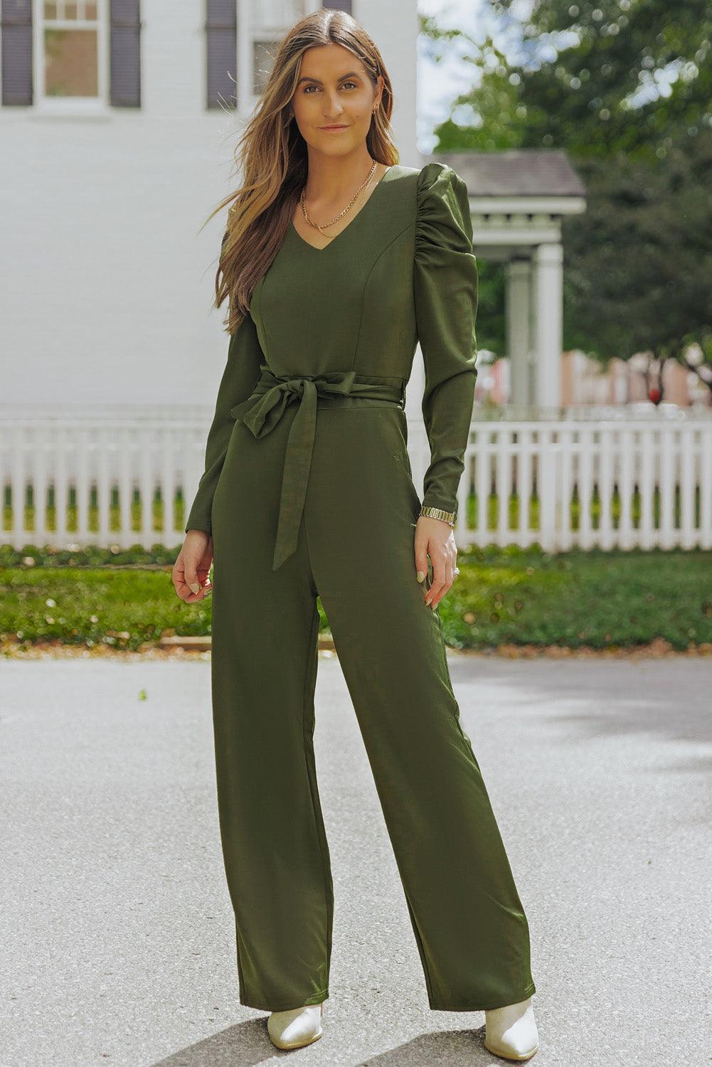 Belted Long Puff Sleeve V-Neck Jumpsuit - BELLATRENDZ