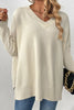 Slit V-Neck Dropped Shoulder Sweater