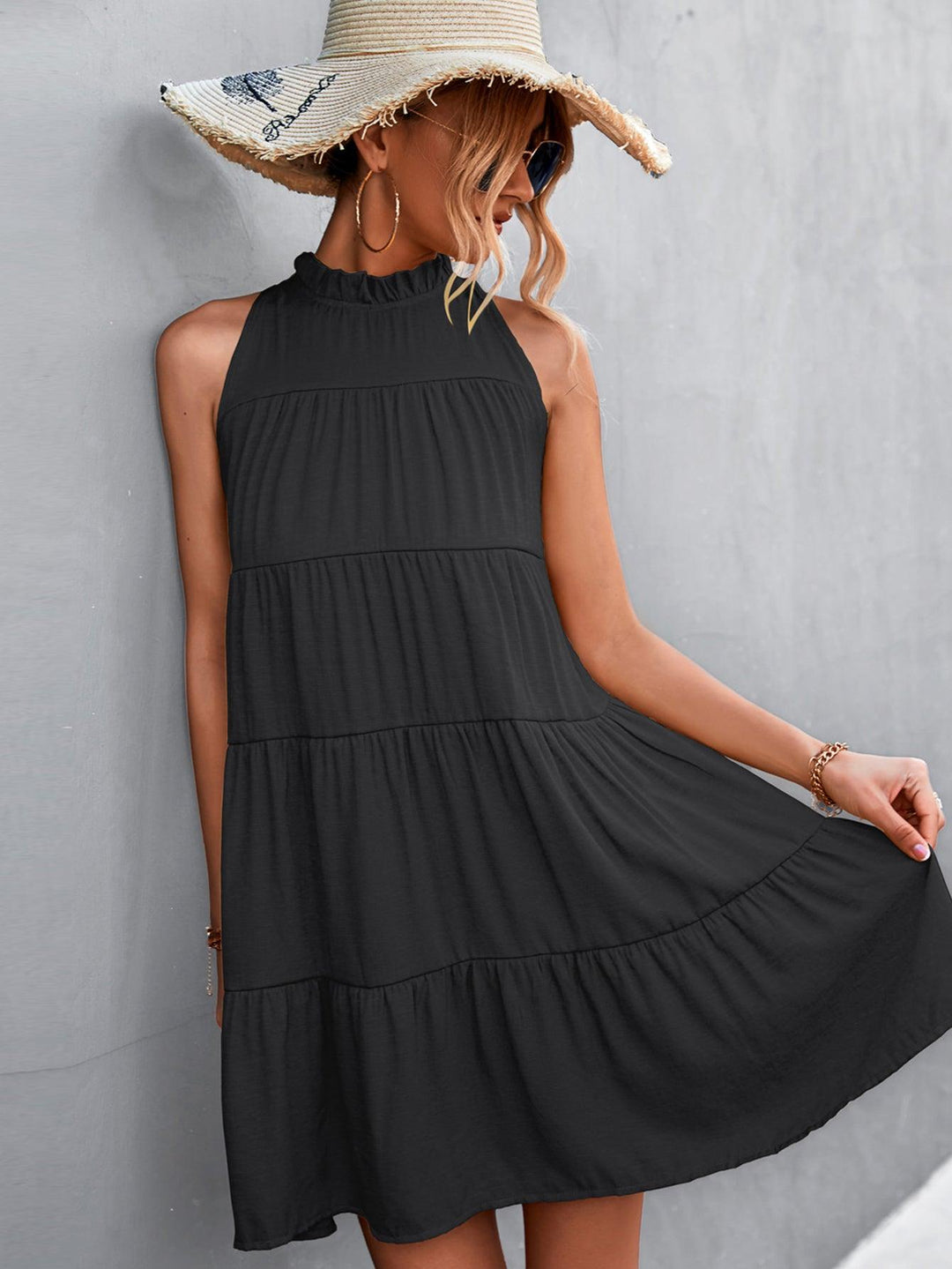 Tie Back Mock Neck Tiered Dress - BELLATRENDZ