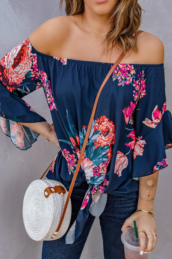 Printed Off-Shoulder Flounce Sleeve Top - BELLATRENDZ