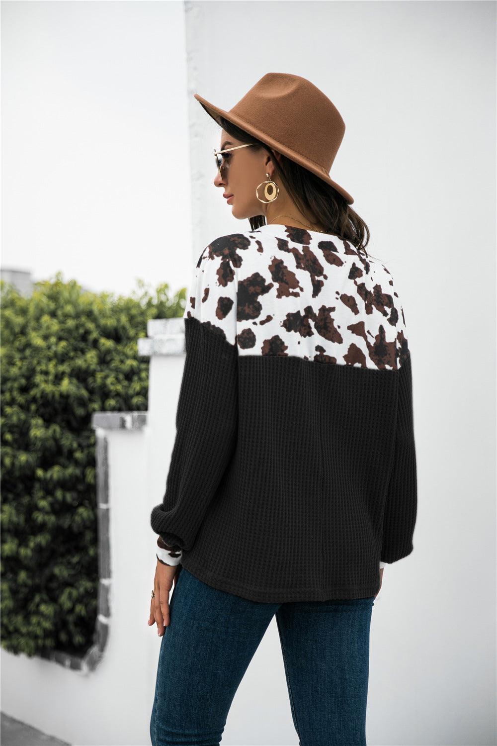 Animal Print Color Block Waffle-Knit Top - BELLATRENDZ