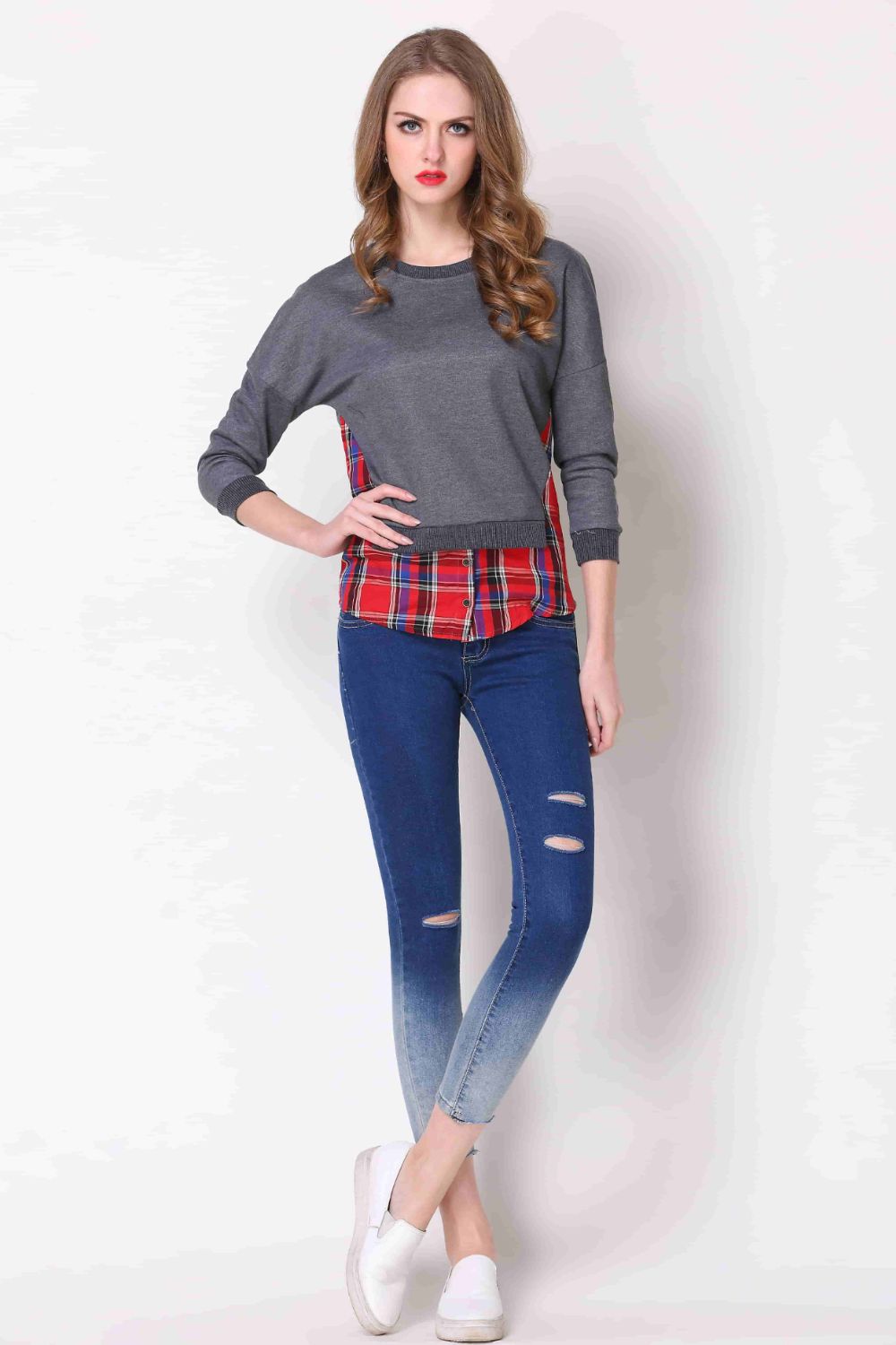 Full Size Plaid Patch Drop Shoulder Round Neck Top