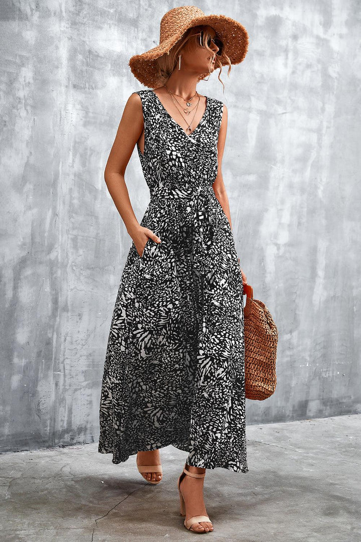 Printed V-Neck Tie Waist Maxi Dress - BELLATRENDZ