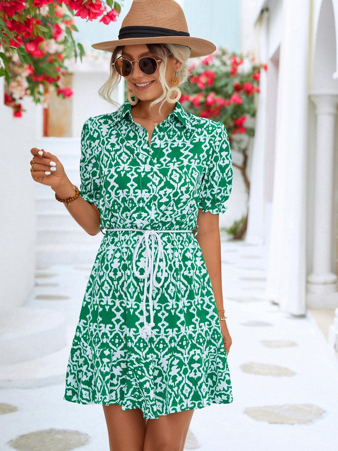 Printed Tie Waist Collared Flounce Sleeve Dress - BELLATRENDZ