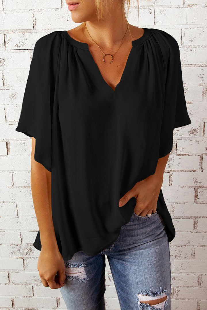 Gathered Detail Notched Neck Flutter Sleeve Top - BELLATRENDZ