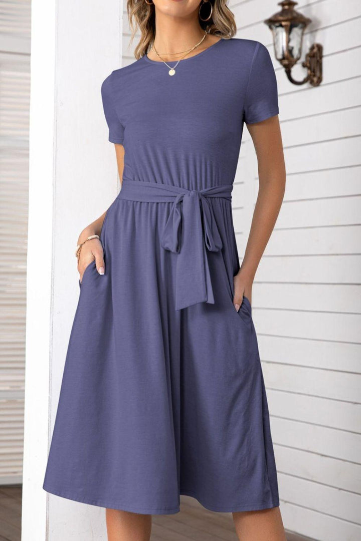 Belted Tee Dress With Pockets - BELLATRENDZ