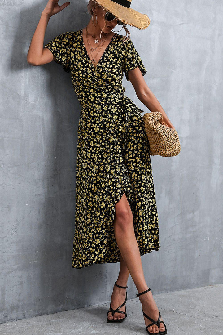 Floral Surplice Neck Tied Midi Dress - BELLATRENDZ