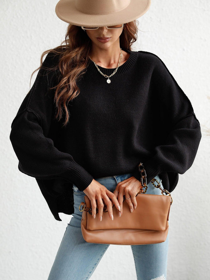 Exposed Seam Dropped Shoulder Slit Sweater - BELLATRENDZ