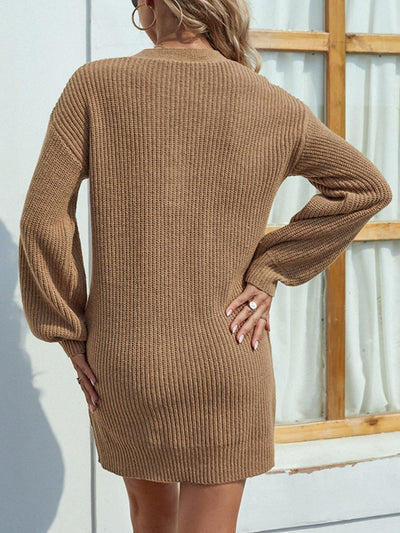 Buttoned V-Neck Sweater Dress