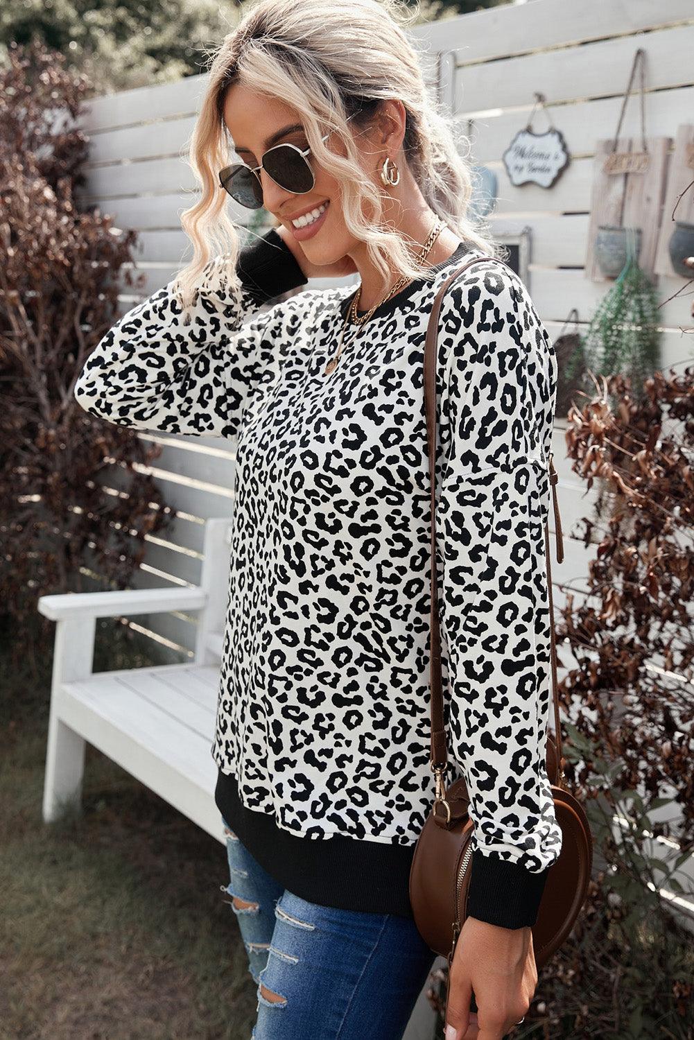 Leopard Contrast Trim Side Slit Sweatshirt - BELLATRENDZ