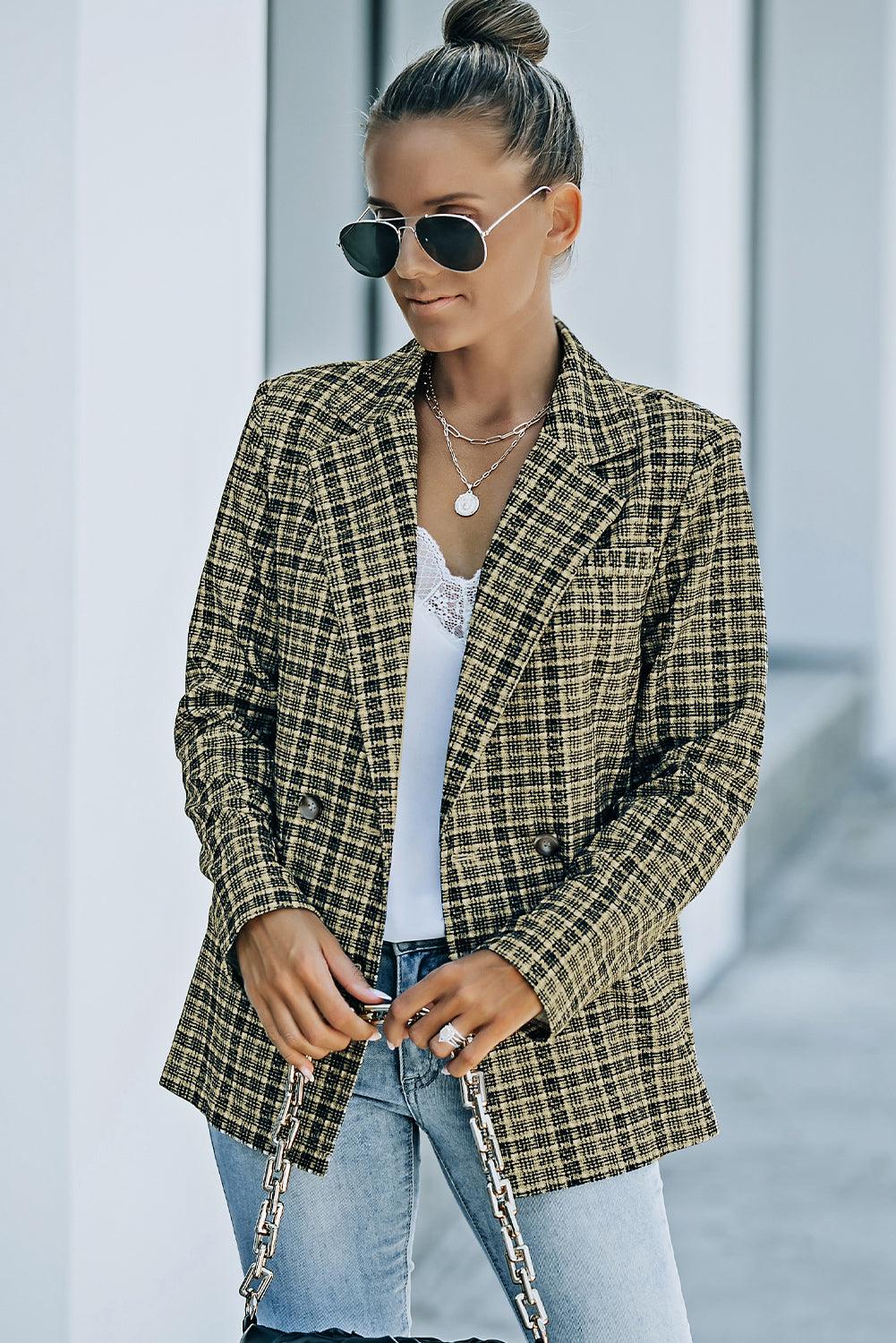 Plaid Double-Breasted Long Sleeve Blazer - BELLATRENDZ