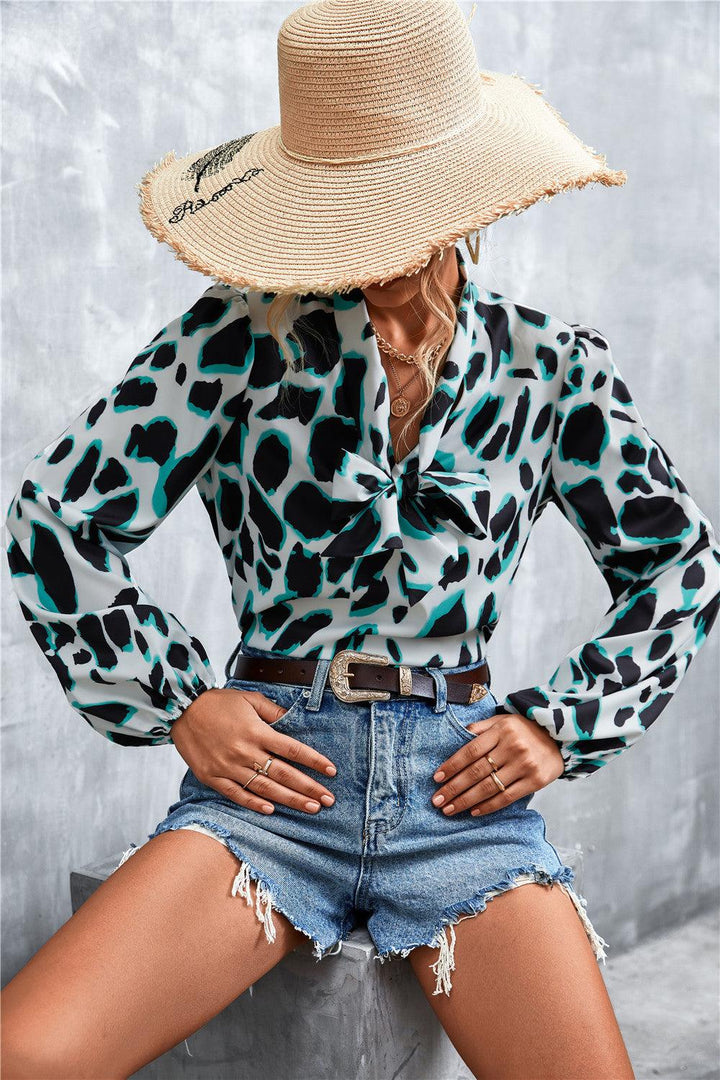 Printed Tie Neck Puff Sleeve Blouse - BELLATRENDZ