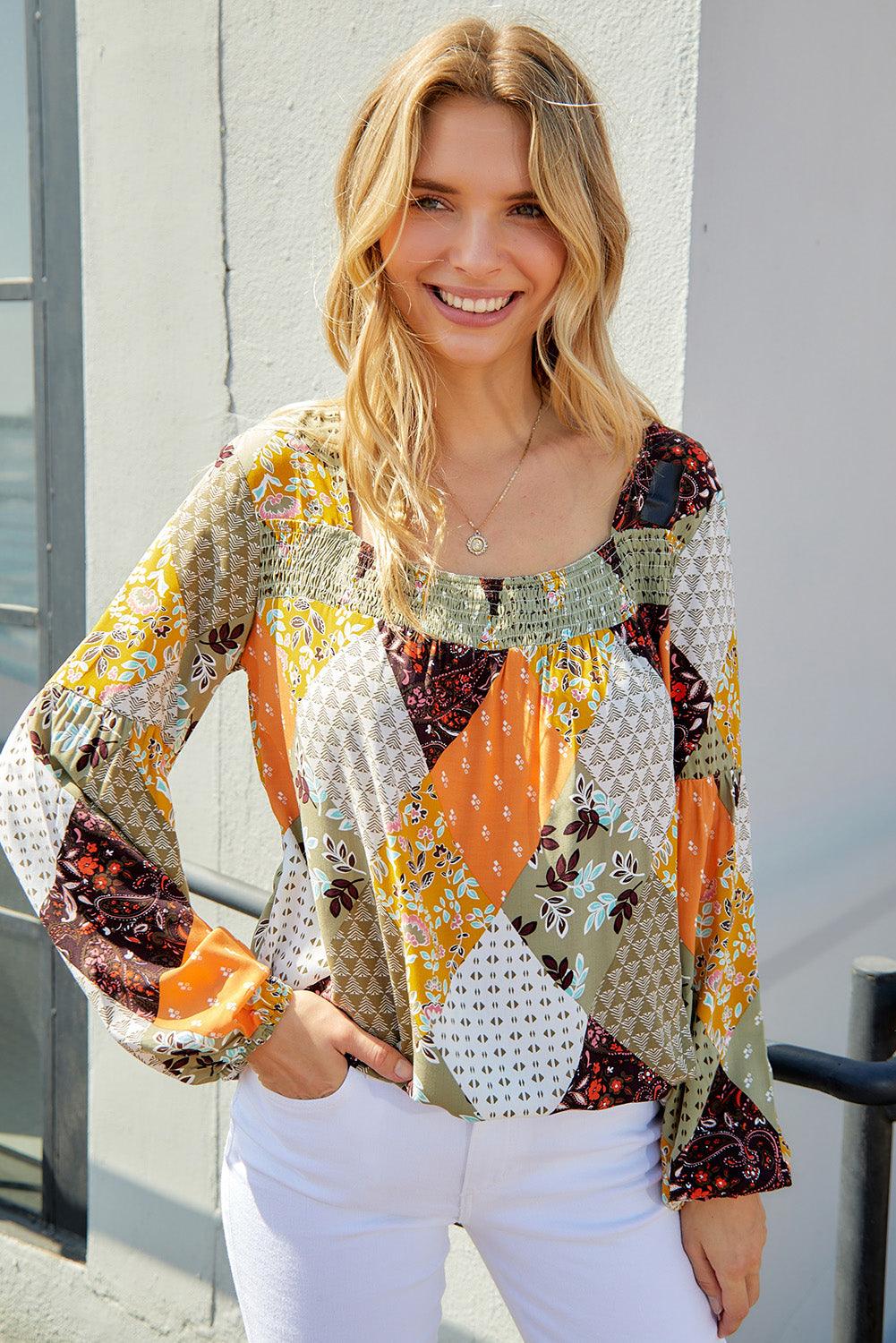 Patchwork Balloon Sleeve Blouse - BELLATRENDZ