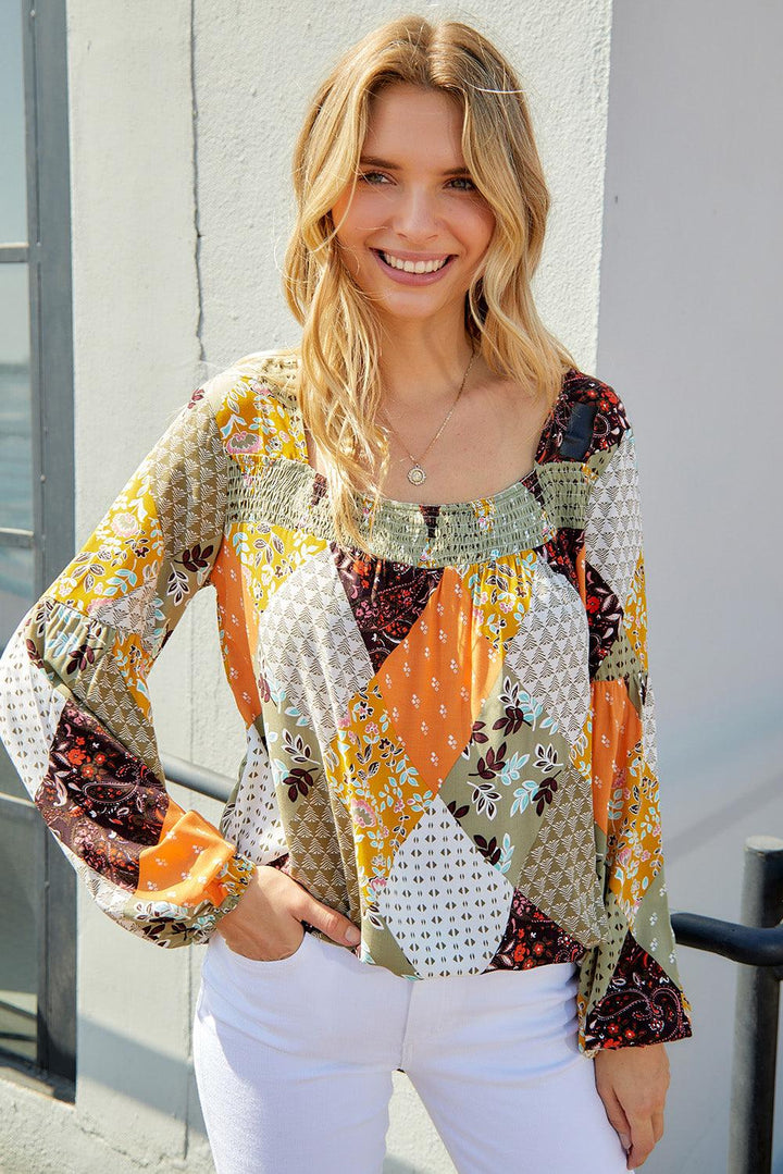 Patchwork Balloon Sleeve Blouse - BELLATRENDZ