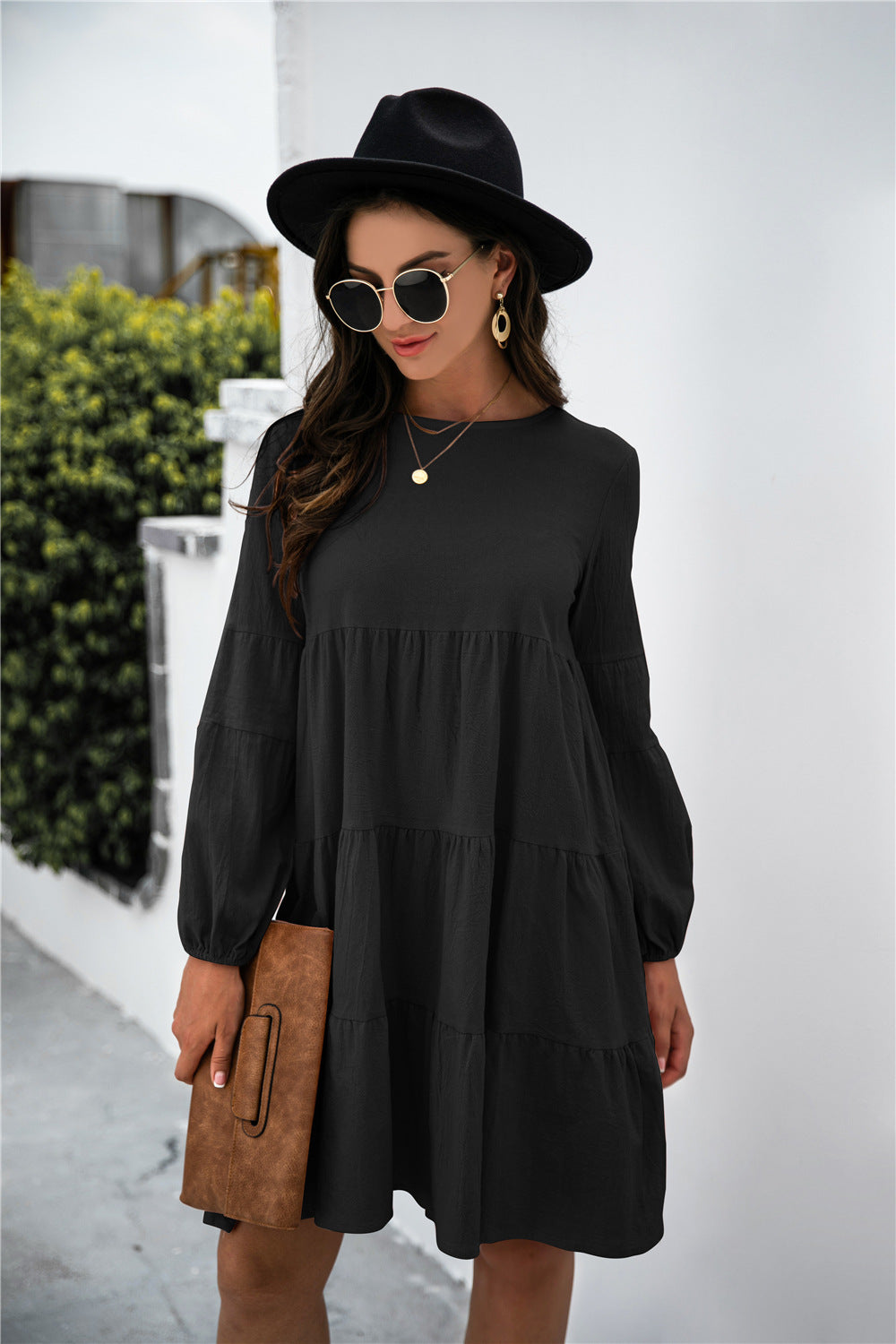 Balloon Sleeve Keyhole Tiered Dress