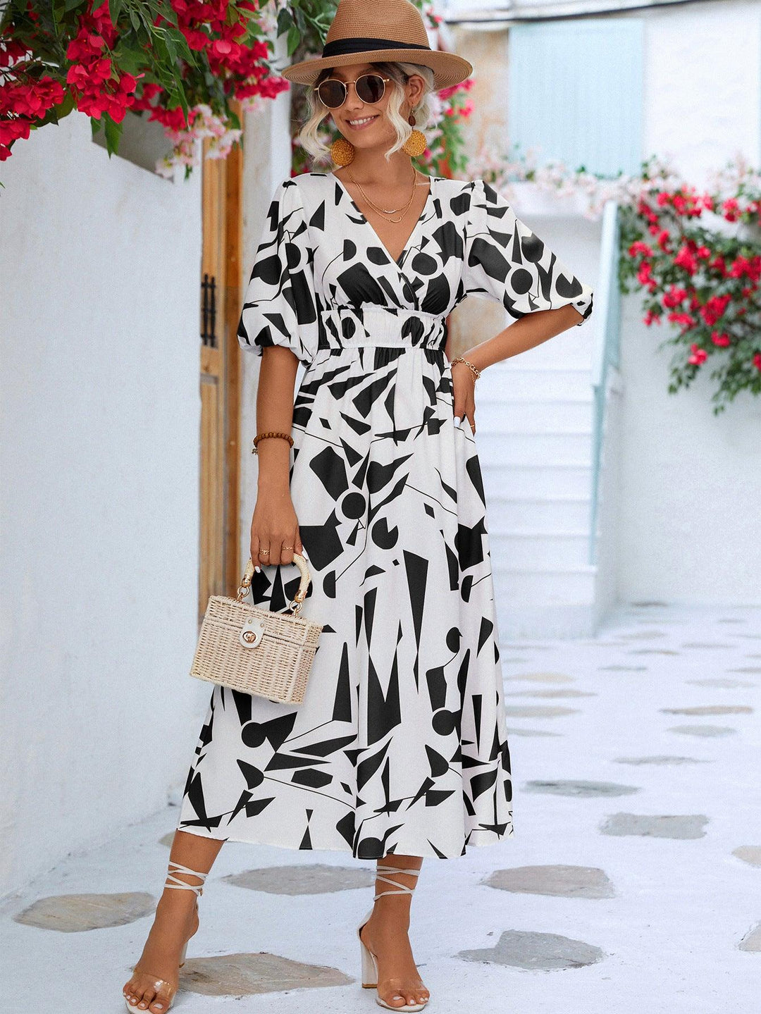 Printed Surplice Balloon Sleeve Dress - BELLATRENDZ