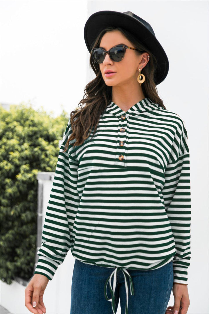 Striped Half-Button Dropped Shoulder Hoodie - BELLATRENDZ