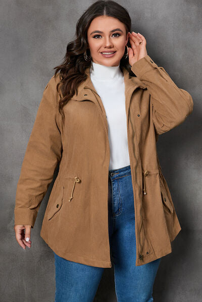 Plus Size Zipper and Snap Down Drawstring Jacket