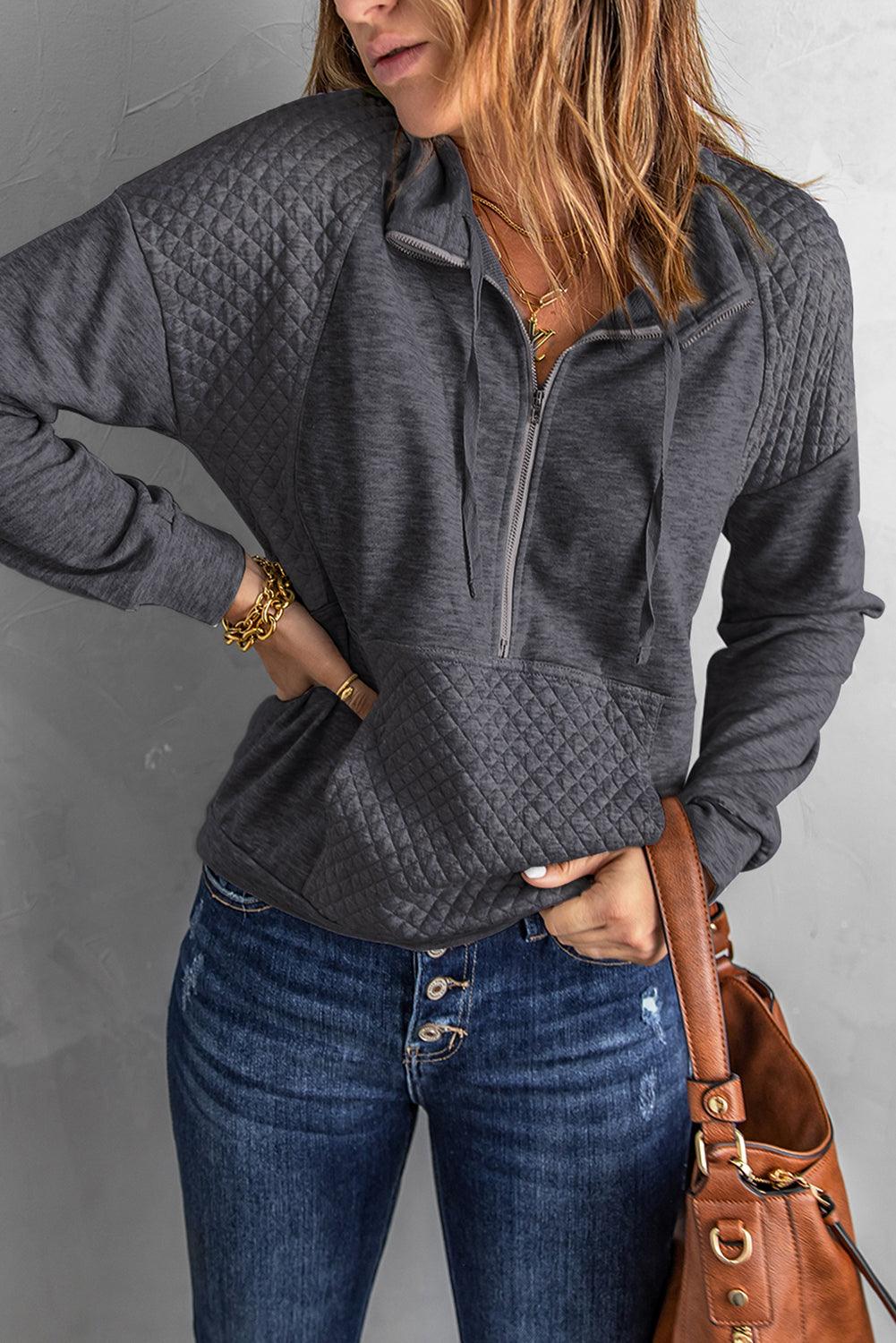 Quilted Half-Zip Sweatshirt with Pocket - BELLATRENDZ