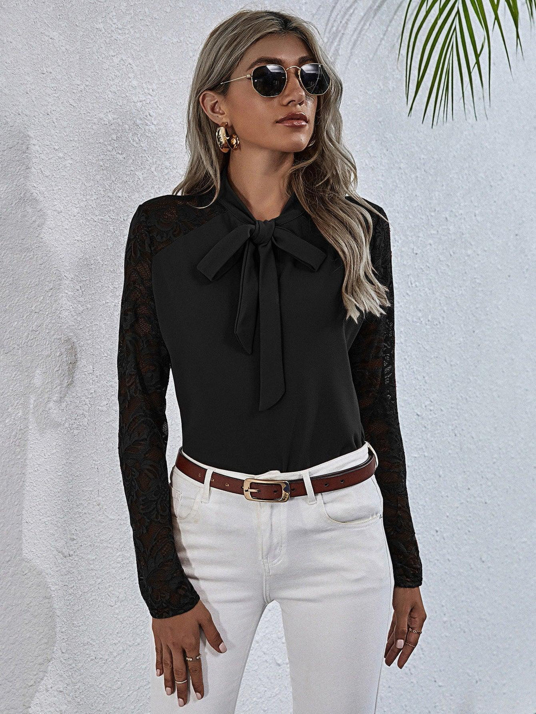 Tie Neck Spliced Lace Long Sleeve Top - BELLATRENDZ