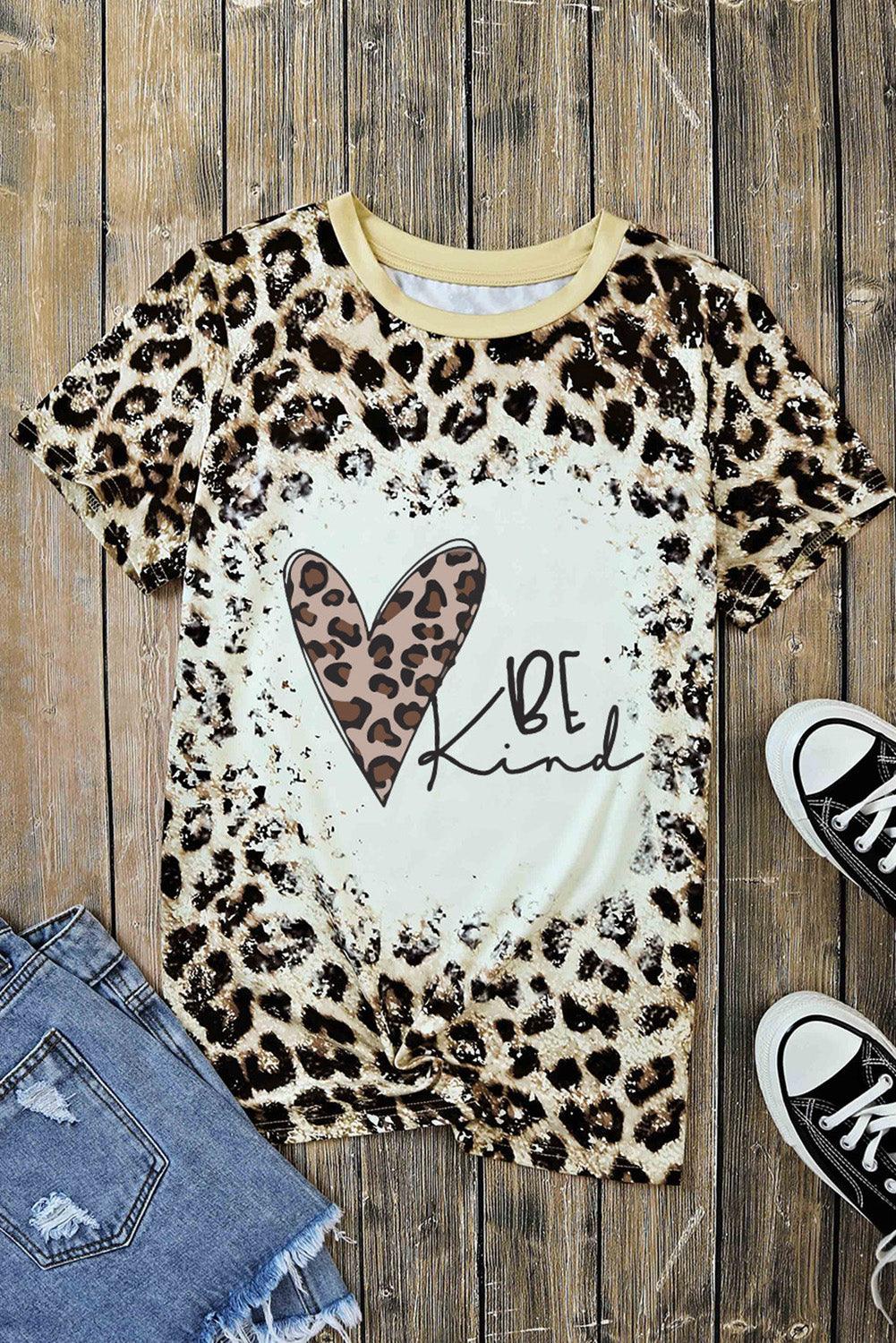 BE KIND Heart Graphic Leopard Round Neck Tee