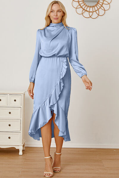 Mock Neck Ruffled Asymmetrical Dress