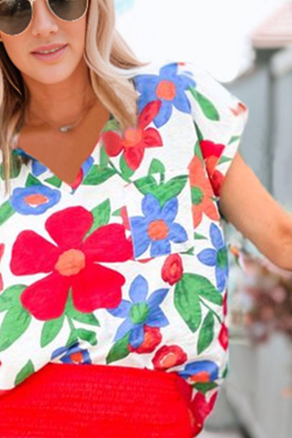 Floral V-Neck Short Sleeve Top - BELLATRENDZ