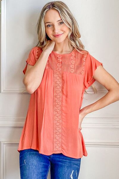 And The Why Lace Detail Ruffle Short Sleeve Blouse