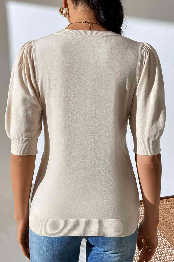 Round Neck Puff Sleeve Knit Top