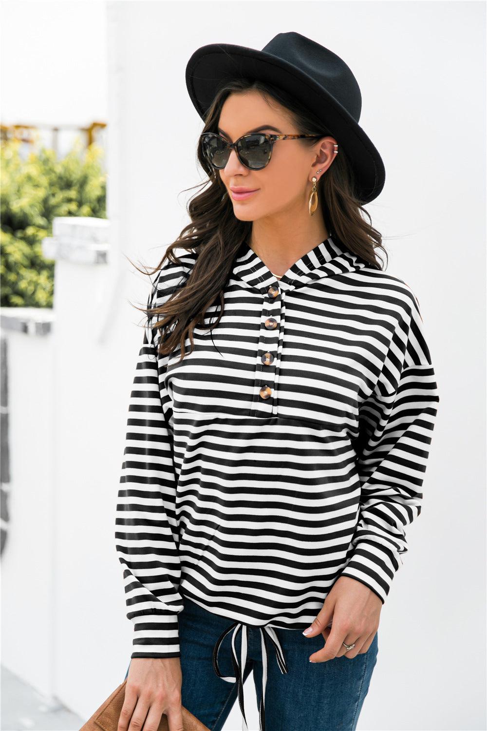 Striped Half-Button Dropped Shoulder Hoodie - BELLATRENDZ