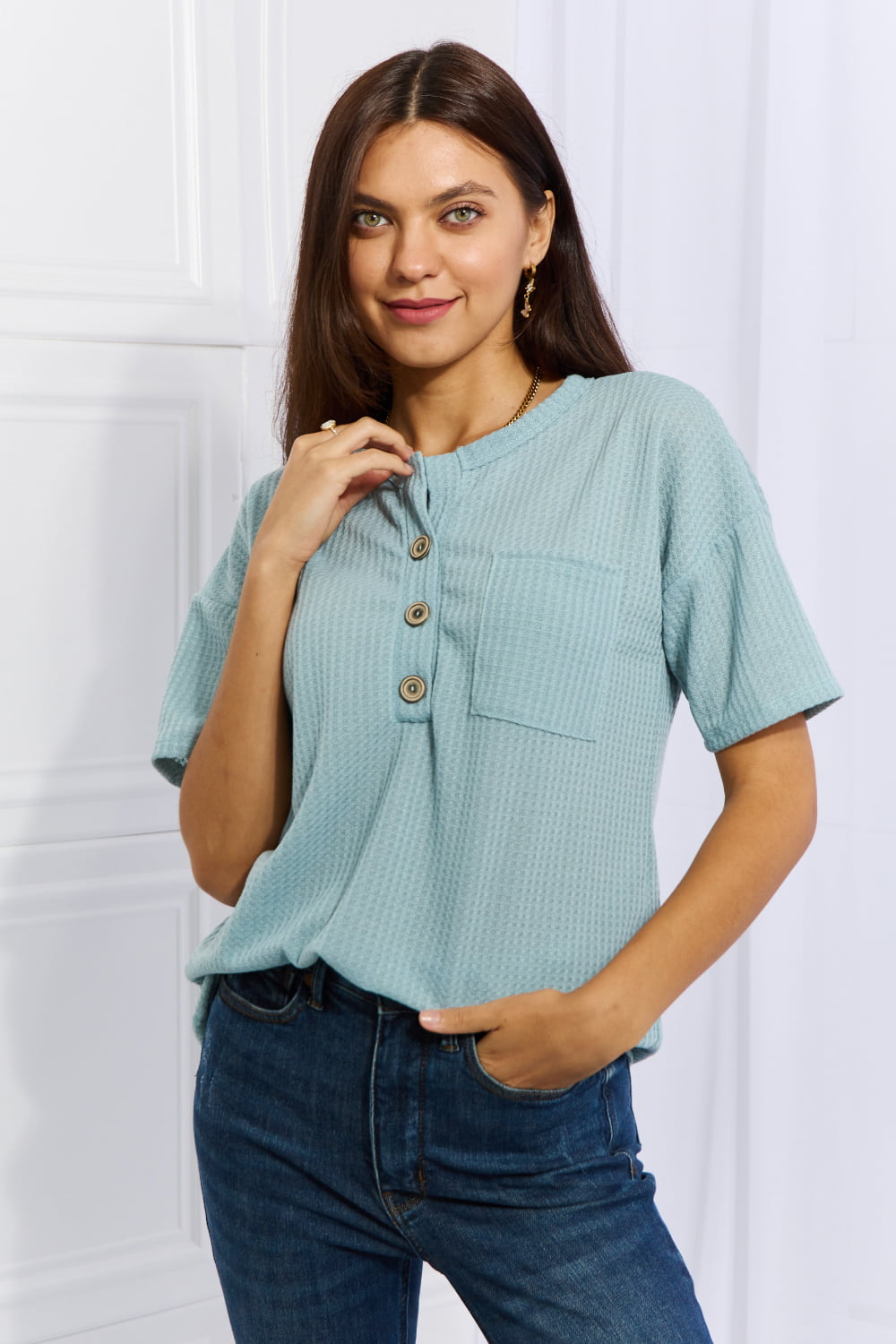 Heimish Made For You Full Size 1/4 Button Down Waffle Top in Blue