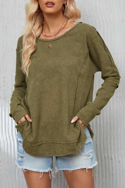 Mineral Washed Exposed Seam Round Neck Long Sleeve Blouse