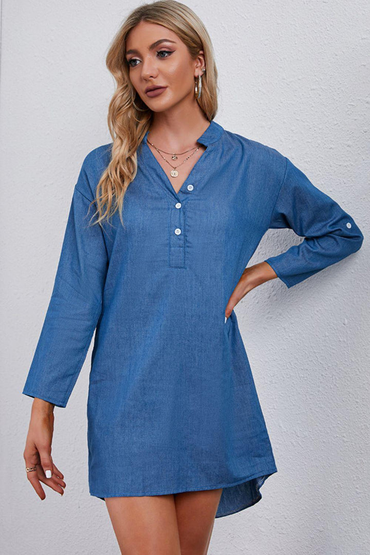 Half-Button Notched Neck High-Low Denim Dress - BELLATRENDZ