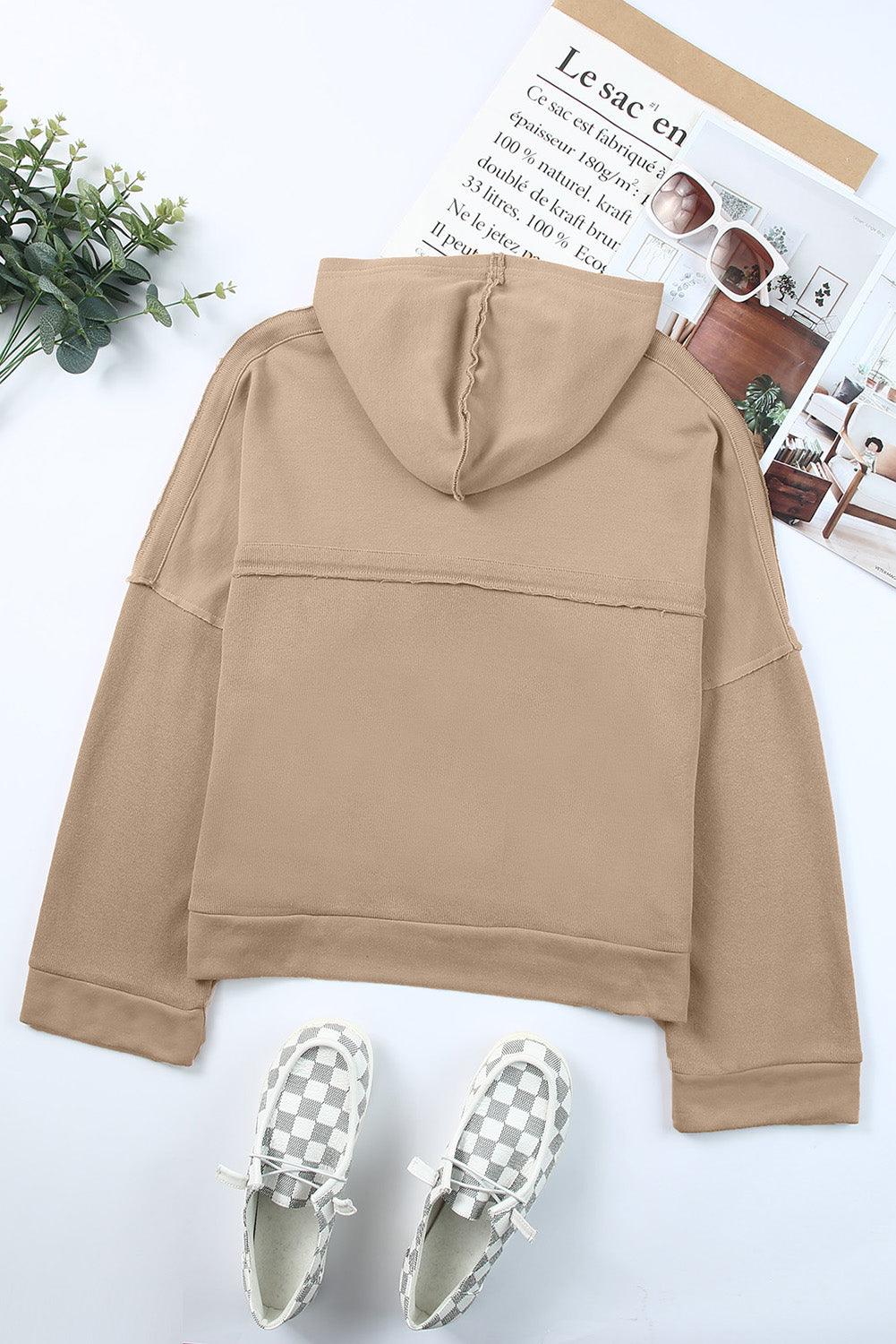 Quarter-Button Exposed Seam Dropped Shoulder Hoodie - BELLATRENDZ