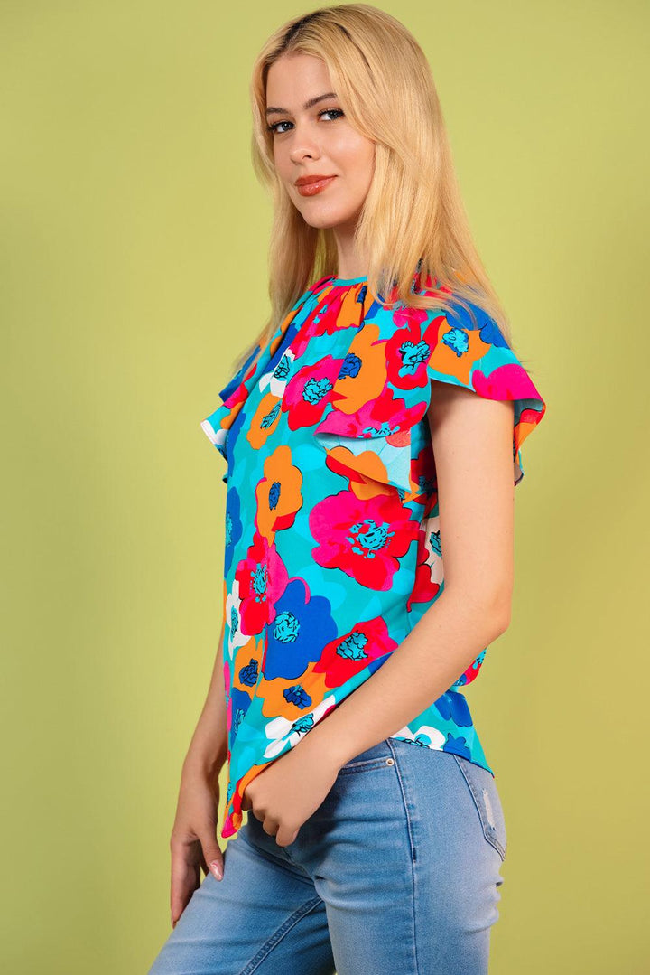 Floral Round Neck Tied Blouse - BELLATRENDZ