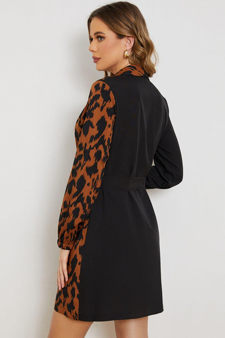 Leopard Color Block Belted Shawl Collar Dress - BELLATRENDZ