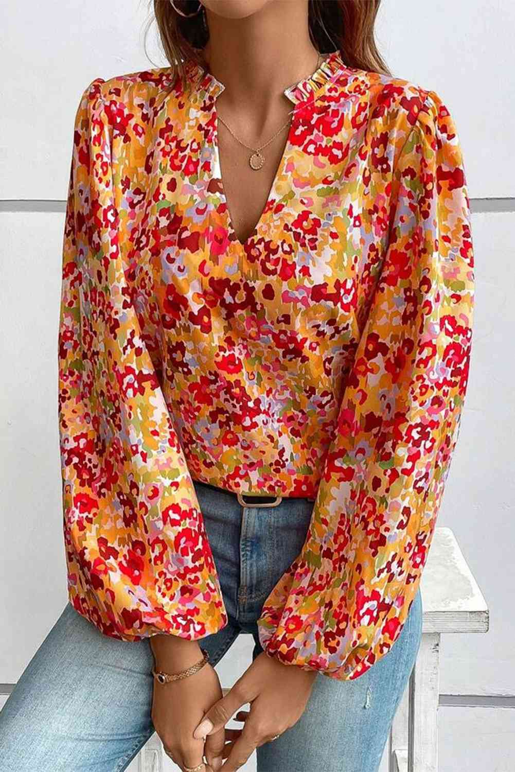 Floral Notched Balloon Sleeve Blouse