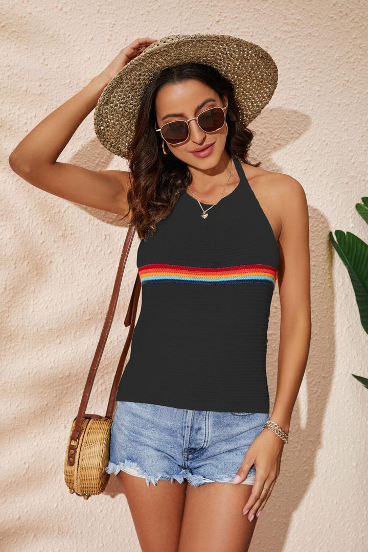 Rainbow Stripe Halter Neck Knit Tank - BELLATRENDZ