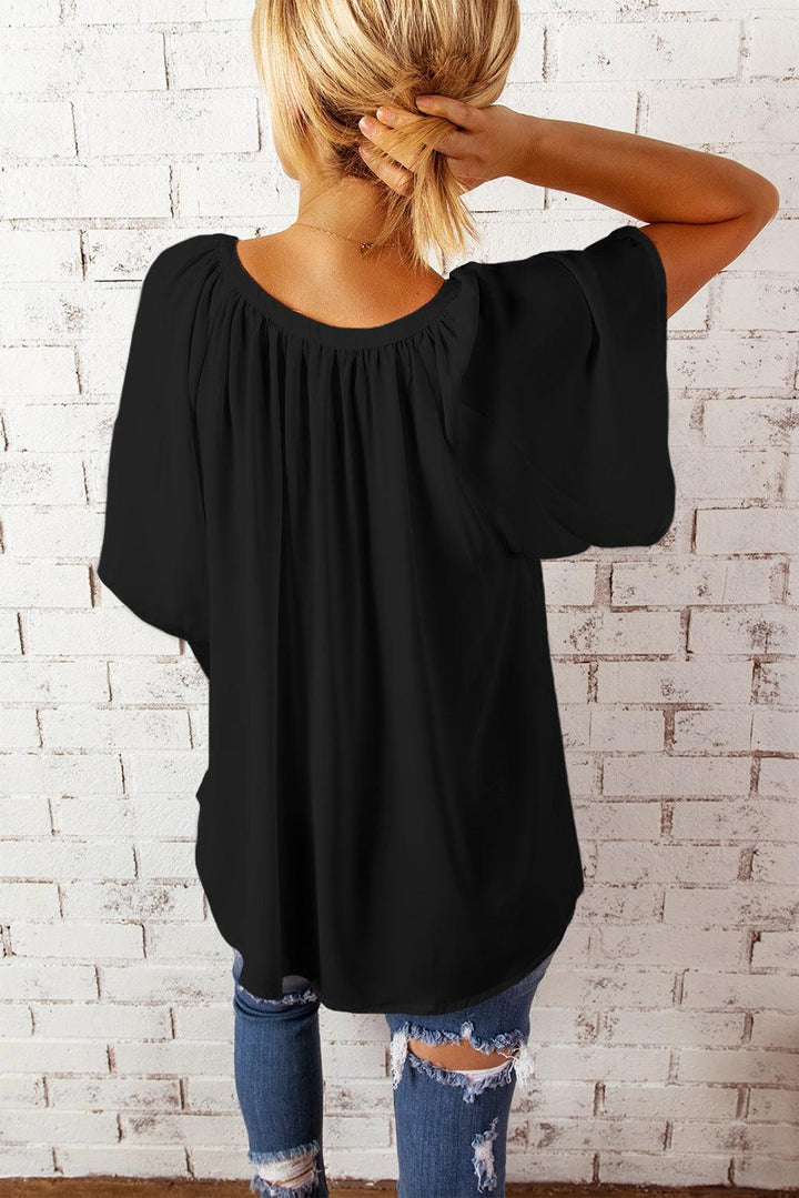 Gathered Detail Notched Neck Flutter Sleeve Top - BELLATRENDZ