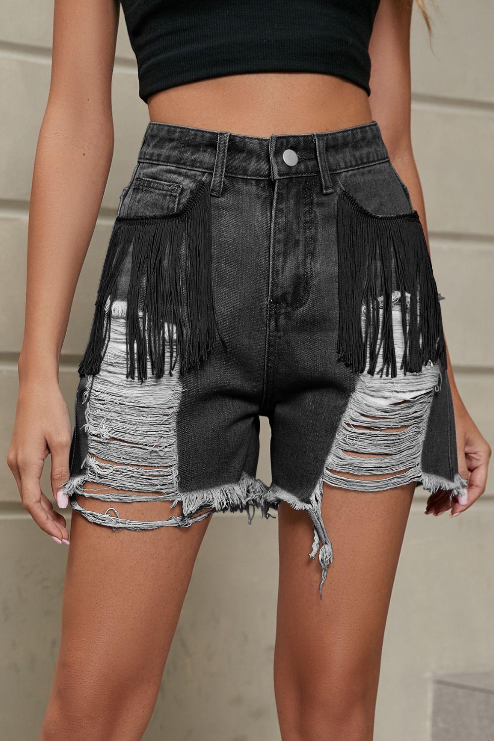 Fringe Trim Distressed Denim Shorts with Pockets - BELLATRENDZ