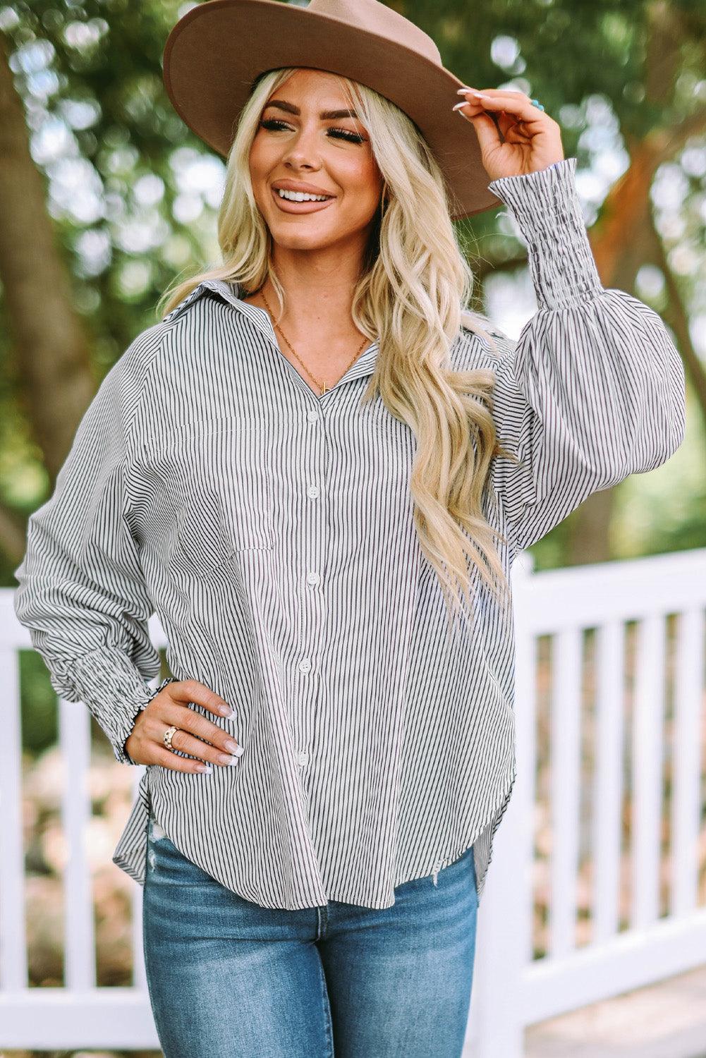 Striped Lantern Sleeve Collared Shirt - BELLATRENDZ