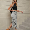 Drawstring Ruched Slit Denim Midi Skirt - BELLATRENDZ