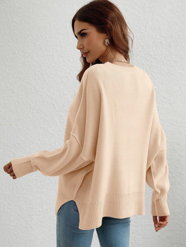 Exposed Seam Dropped Shoulder Slit Sweater - BELLATRENDZ