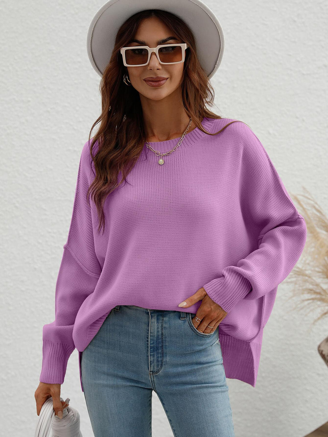 Exposed Seam Dropped Shoulder Slit Sweater - BELLATRENDZ