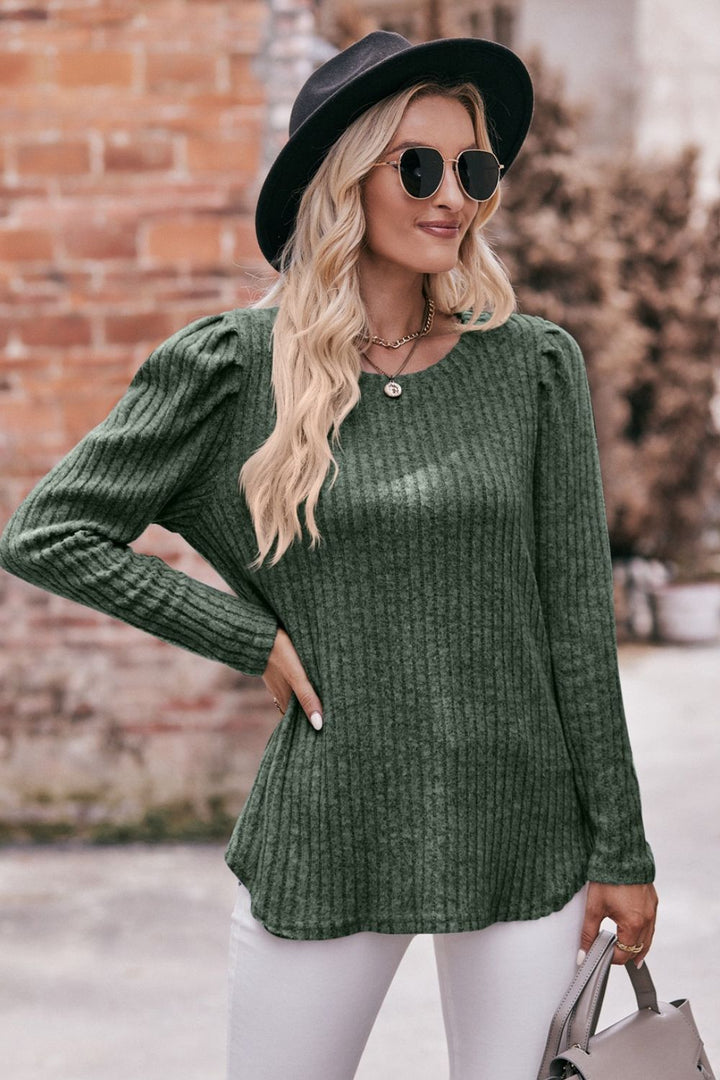 Round Neck Puff Sleeve Ribbed Top