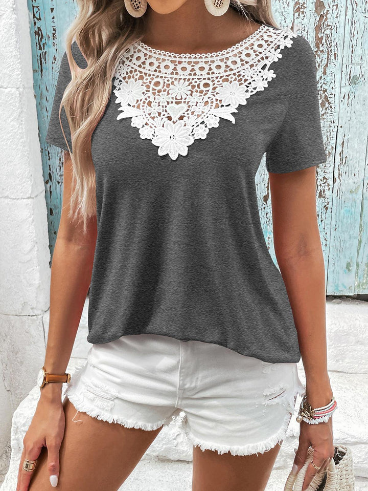 Spliced Lace Contrast Short Sleeve Top - BELLATRENDZ