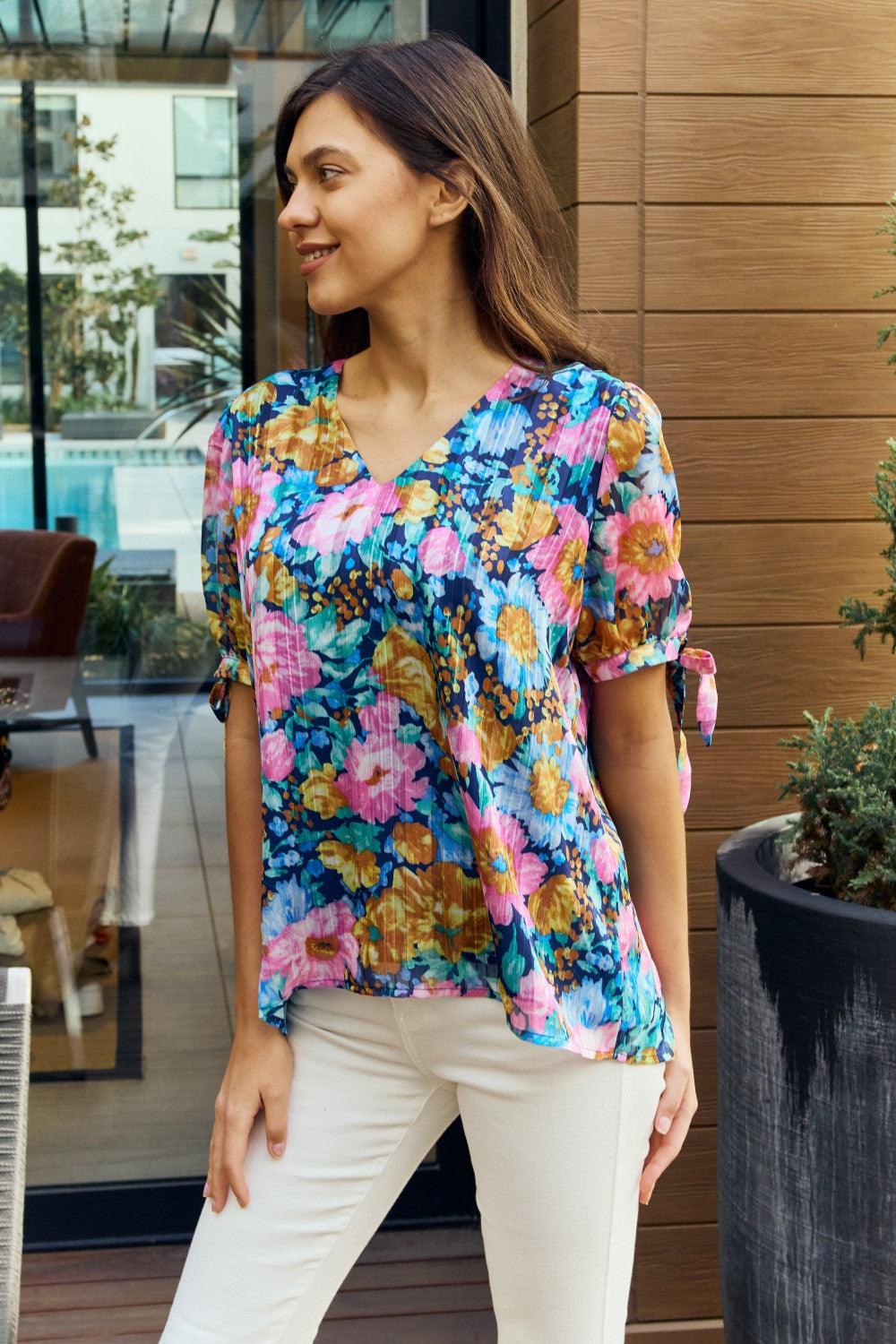 Petal Dew Full Size Floral V-Neck Tie Detail Blouse - BELLATRENDZ