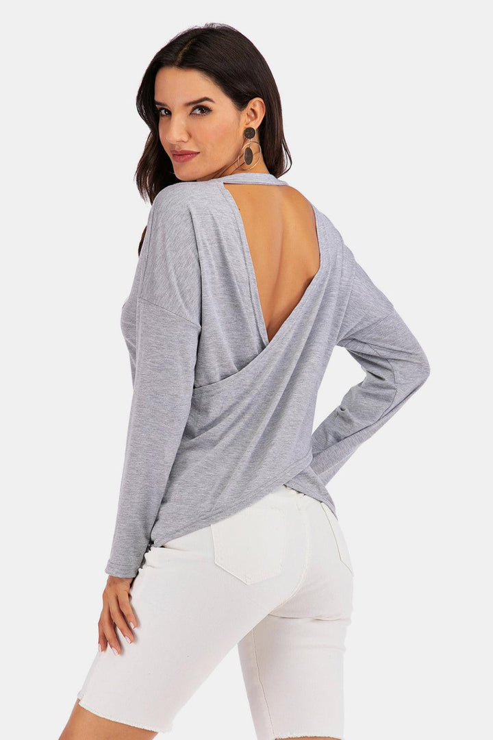 V-Neck Drop Shoulder Open Back Sweatshirt - BELLATRENDZ