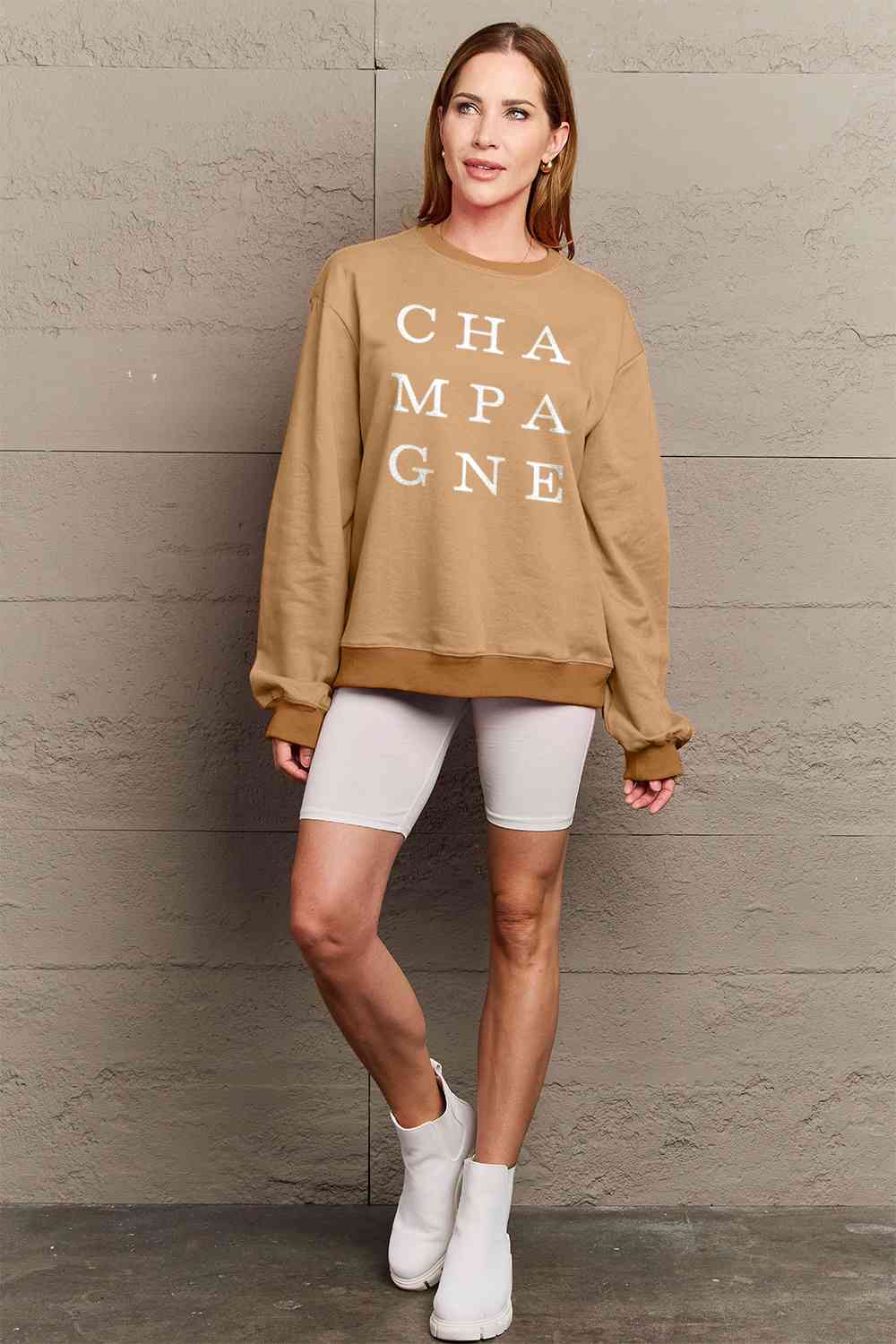 Simply Love Full Size CHAMPAGNE Graphic Long Sleeve Sweatshirt